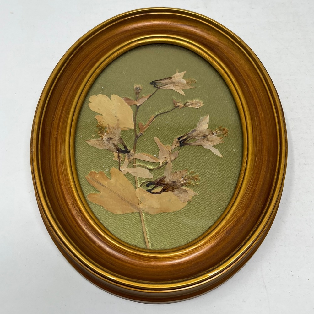 Vintage Dried Pressed Flower Botanical Wall Art Gold Oval Frames Set of 2 Green - Picture 2 of 6